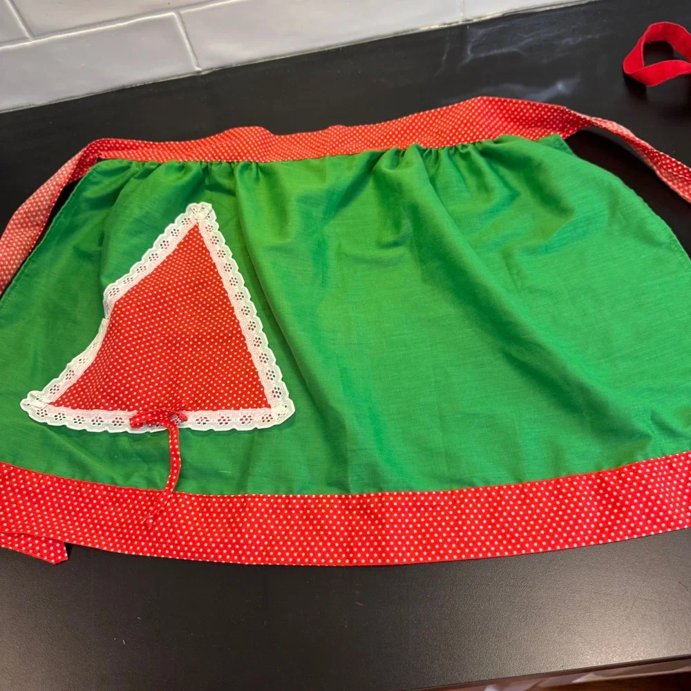 Vintage Apron Set 2pc Womens OS Green Red Strawberry Polka Dot Retro Cottagecore